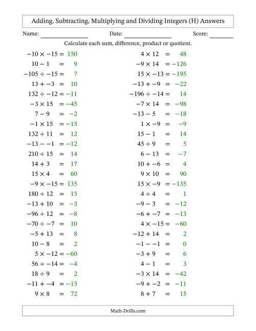 The Adding, Subtracting, Multiplying and Dividing Mixed Integers from -15 to 15 (50 Questions; No Parentheses) (H) Math Worksheet Page 2