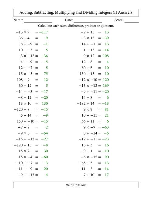 The Adding, Subtracting, Multiplying and Dividing Mixed Integers from -15 to 15 (50 Questions; No Parentheses) (I) Math Worksheet Page 2