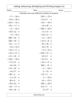 Adding, Subtracting, Multiplying and Dividing Mixed Integers from -20 to 20 (50 Questions; No Parentheses)