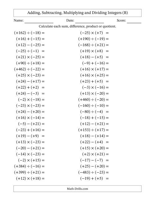 The Adding, Subtracting, Multiplying and Dividing Mixed Integers from -25 to 25 (50 Questions; All Parentheses) (B) Math Worksheet