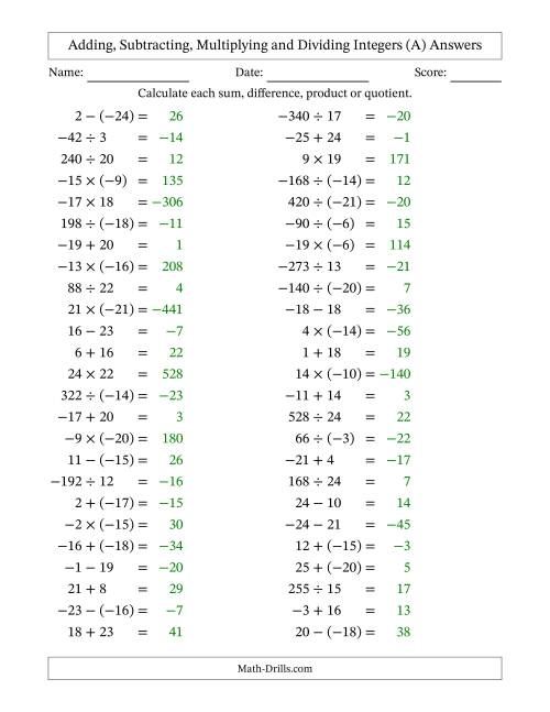 The All Operations with Integers (Range -25 to 25) with Negative Integers in Parentheses (A) Math Worksheet Page 2