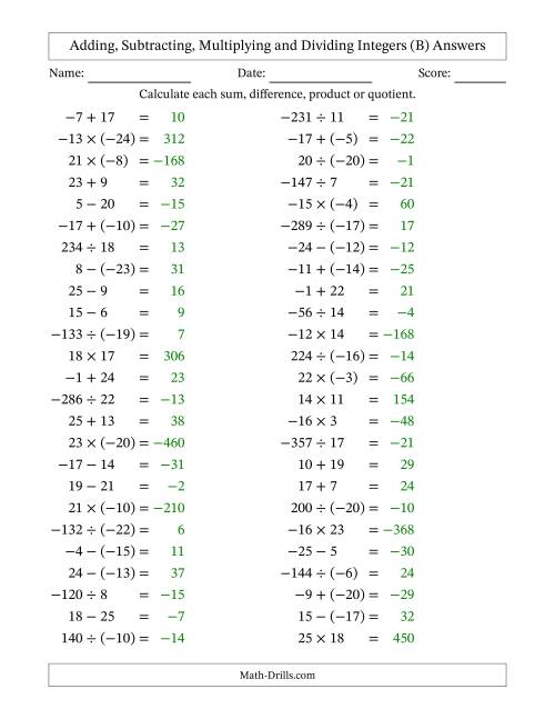 The Adding, Subtracting, Multiplying and Dividing Mixed Integers from -25 to 25 (50 Questions) (B) Math Worksheet Page 2