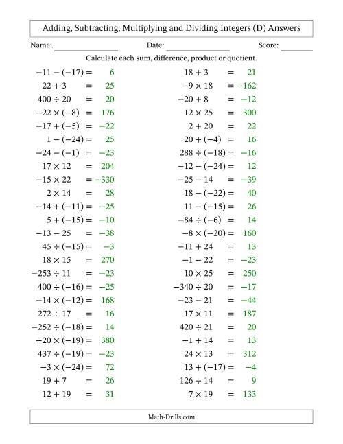 The Adding, Subtracting, Multiplying and Dividing Mixed Integers from -25 to 25 (50 Questions) (D) Math Worksheet Page 2