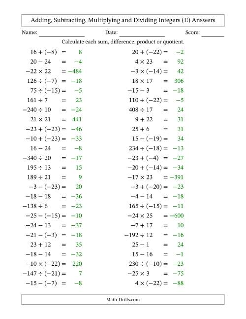 The Adding, Subtracting, Multiplying and Dividing Mixed Integers from -25 to 25 (50 Questions) (E) Math Worksheet Page 2