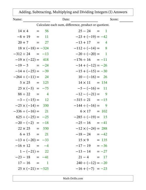The Adding, Subtracting, Multiplying and Dividing Mixed Integers from -25 to 25 (50 Questions) (I) Math Worksheet Page 2