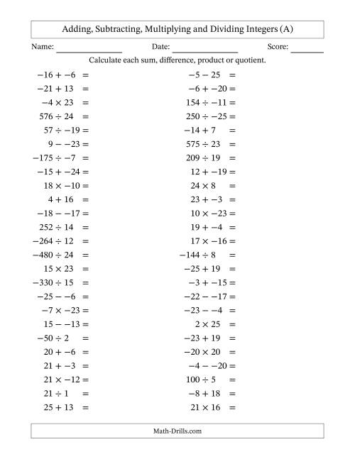 The All Operations with Integers (Range -25 to 25) with No Parentheses (A) Math Worksheet