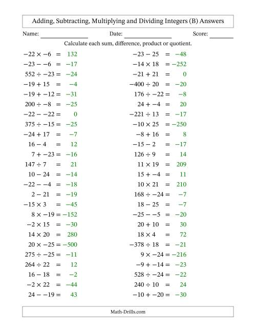 The Adding, Subtracting, Multiplying and Dividing Mixed Integers from -25 to 25 (50 Questions; No Parentheses) (B) Math Worksheet Page 2