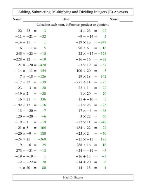 The All Operations with Integers (Range -25 to 25) with No Parentheses (E) Math Worksheet Page 2