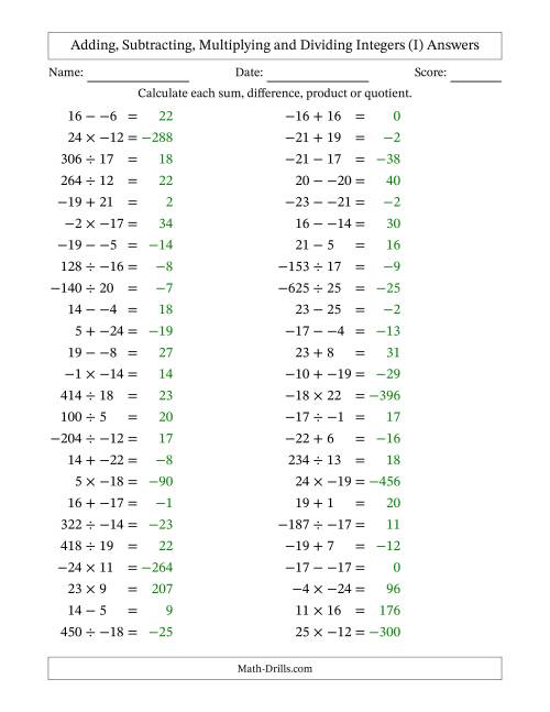 The Adding, Subtracting, Multiplying and Dividing Mixed Integers from -25 to 25 (50 Questions; No Parentheses) (I) Math Worksheet Page 2