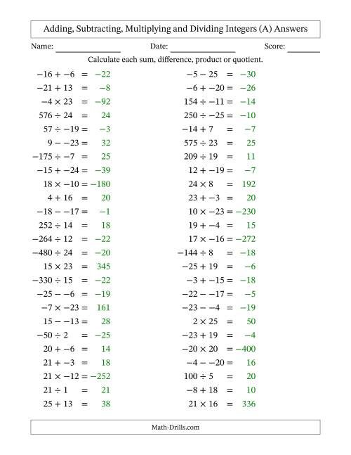 The All Operations with Integers (Range -25 to 25) with No Parentheses (All) Math Worksheet Page 2