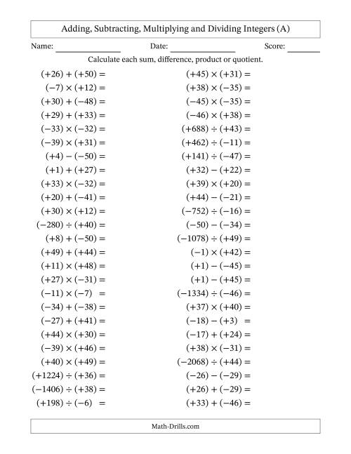The All Operations with Integers (Range -50 to 50) with All Integers in Parentheses (A) Math Worksheet