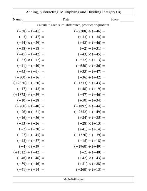 The Adding, Subtracting, Multiplying and Dividing Mixed Integers from -50 to 50 (50 Questions; All Parentheses) (B) Math Worksheet