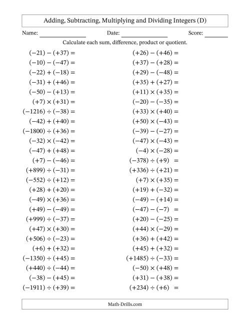 The Adding, Subtracting, Multiplying and Dividing Mixed Integers from -50 to 50 (50 Questions; All Parentheses) (D) Math Worksheet