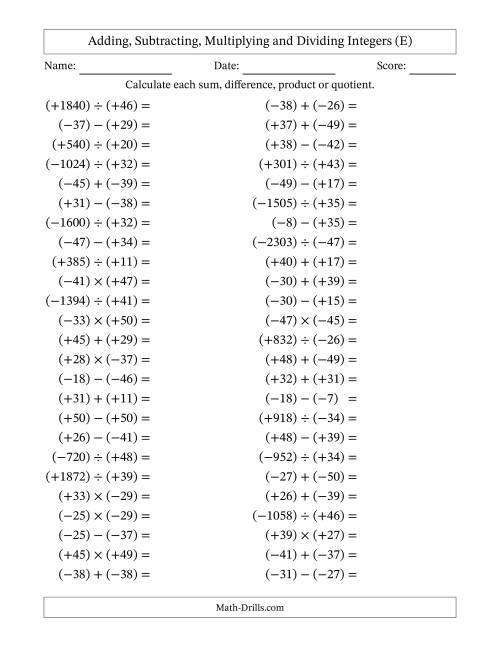 The Adding, Subtracting, Multiplying and Dividing Mixed Integers from -50 to 50 (50 Questions; All Parentheses) (E) Math Worksheet
