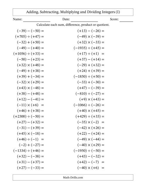 The Adding, Subtracting, Multiplying and Dividing Mixed Integers from -50 to 50 (50 Questions; All Parentheses) (I) Math Worksheet