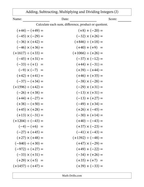 The Adding, Subtracting, Multiplying and Dividing Mixed Integers from -50 to 50 (50 Questions; All Parentheses) (J) Math Worksheet