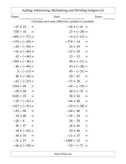 Adding, Subtracting, Multiplying and Dividing Mixed Integers from -50 to 50 (50 Questions)