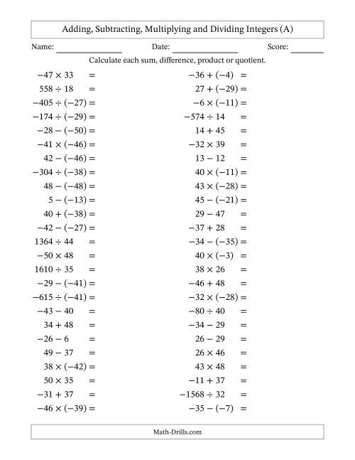 The All Operations with Integers (Range -50 to 50) with Negative Integers in Parentheses (A) Math Worksheet