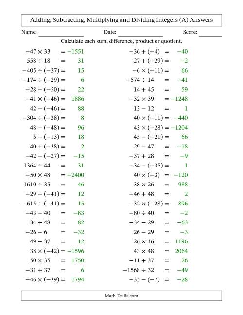 The Adding, Subtracting, Multiplying and Dividing Mixed Integers from -50 to 50 (50 Questions) (A) Math Worksheet Page 2
