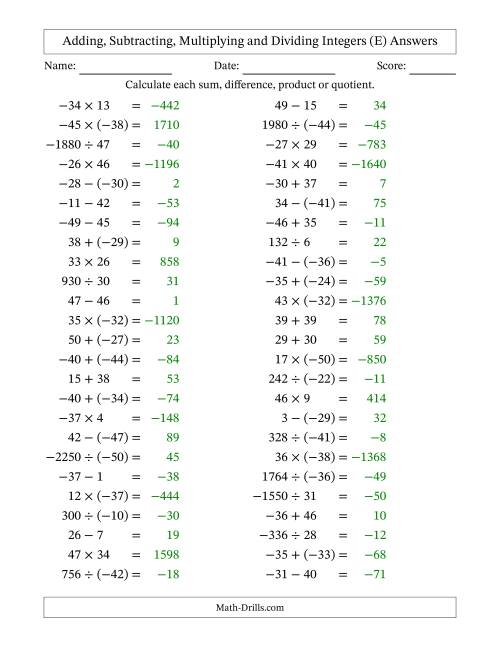The All Operations with Integers (Range -50 to 50) with Negative Integers in Parentheses (E) Math Worksheet Page 2