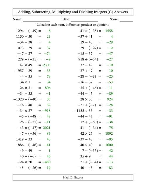The All Operations with Integers (Range -50 to 50) with Negative Integers in Parentheses (G) Math Worksheet Page 2
