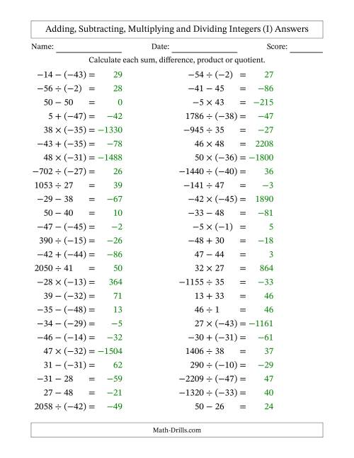 The Adding, Subtracting, Multiplying and Dividing Mixed Integers from -50 to 50 (50 Questions) (I) Math Worksheet Page 2