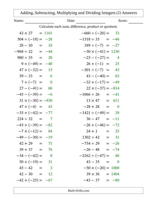 The All Operations with Integers (Range -50 to 50) with Negative Integers in Parentheses (J) Math Worksheet Page 2
