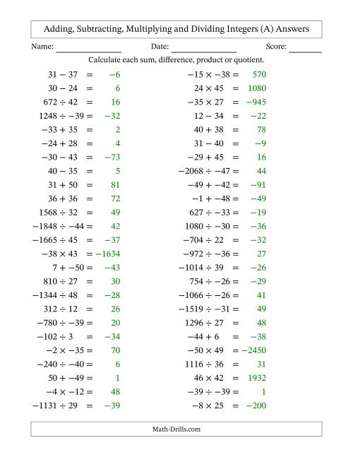 The All Operations with Integers (Range -50 to 50) with No Parentheses (A) Math Worksheet Page 2