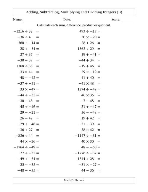 The Adding, Subtracting, Multiplying and Dividing Mixed Integers from -50 to 50 (50 Questions; No Parentheses) (B) Math Worksheet