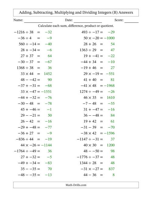 The Adding, Subtracting, Multiplying and Dividing Mixed Integers from -50 to 50 (50 Questions; No Parentheses) (B) Math Worksheet Page 2