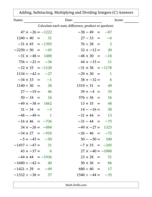 The Adding, Subtracting, Multiplying and Dividing Mixed Integers from -50 to 50 (50 Questions; No Parentheses) (C) Math Worksheet Page 2