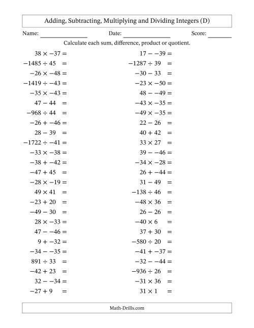 The Adding, Subtracting, Multiplying and Dividing Mixed Integers from -50 to 50 (50 Questions; No Parentheses) (D) Math Worksheet