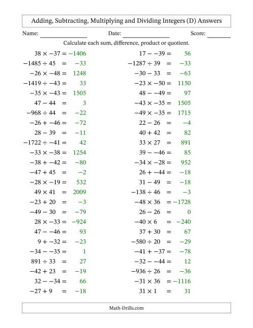 The Adding, Subtracting, Multiplying and Dividing Mixed Integers from -50 to 50 (50 Questions; No Parentheses) (D) Math Worksheet Page 2