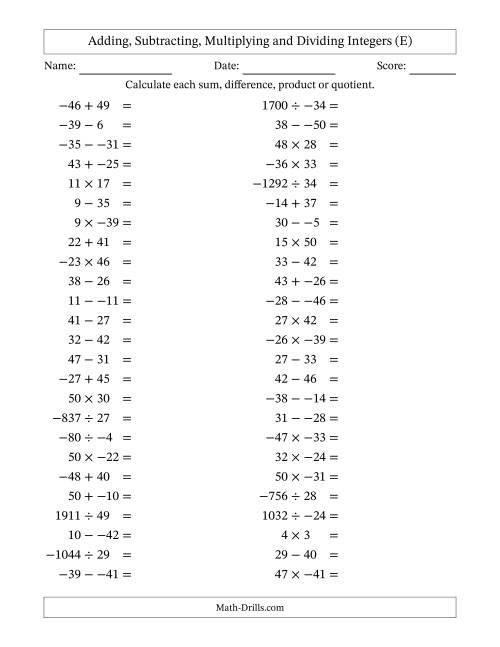 The Adding, Subtracting, Multiplying and Dividing Mixed Integers from -50 to 50 (50 Questions; No Parentheses) (E) Math Worksheet