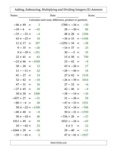 The Adding, Subtracting, Multiplying and Dividing Mixed Integers from -50 to 50 (50 Questions; No Parentheses) (E) Math Worksheet Page 2