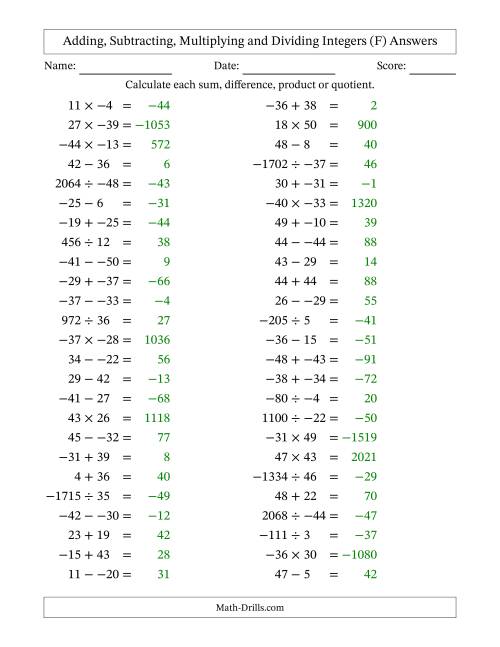 The Adding, Subtracting, Multiplying and Dividing Mixed Integers from -50 to 50 (50 Questions; No Parentheses) (F) Math Worksheet Page 2