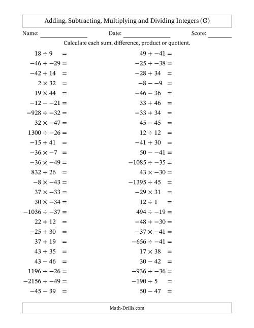 The Adding, Subtracting, Multiplying and Dividing Mixed Integers from -50 to 50 (50 Questions; No Parentheses) (G) Math Worksheet