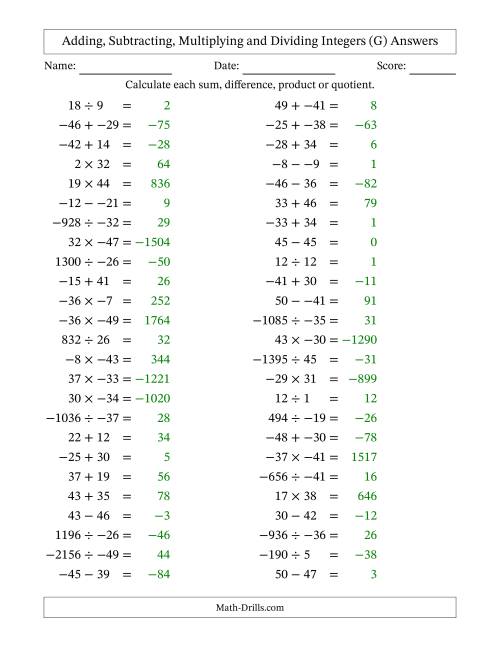 The Adding, Subtracting, Multiplying and Dividing Mixed Integers from -50 to 50 (50 Questions; No Parentheses) (G) Math Worksheet Page 2