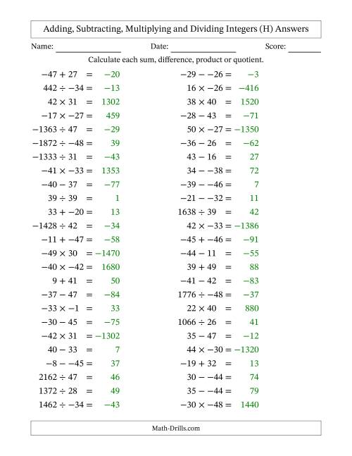The Adding, Subtracting, Multiplying and Dividing Mixed Integers from -50 to 50 (50 Questions; No Parentheses) (H) Math Worksheet Page 2