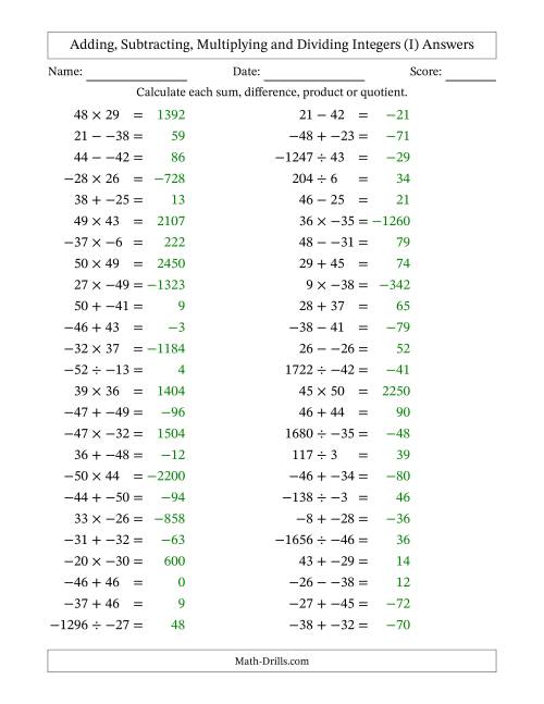 The Adding, Subtracting, Multiplying and Dividing Mixed Integers from -50 to 50 (50 Questions; No Parentheses) (I) Math Worksheet Page 2
