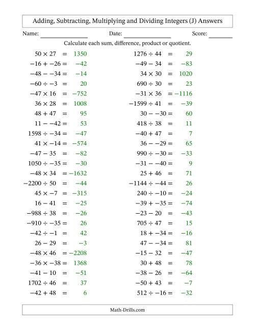 The Adding, Subtracting, Multiplying and Dividing Mixed Integers from -50 to 50 (50 Questions; No Parentheses) (J) Math Worksheet Page 2