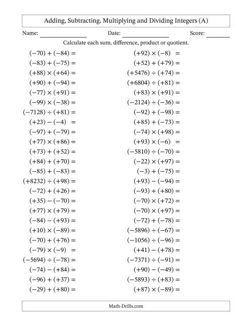 The All Operations with Integers (Range -99 to 99) with All Integers in Parentheses (A) Math Worksheet