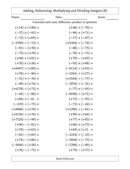 The Adding, Subtracting, Multiplying and Dividing Mixed Integers from -99 to 99 (50 Questions; All Parentheses) (B) Math Worksheet