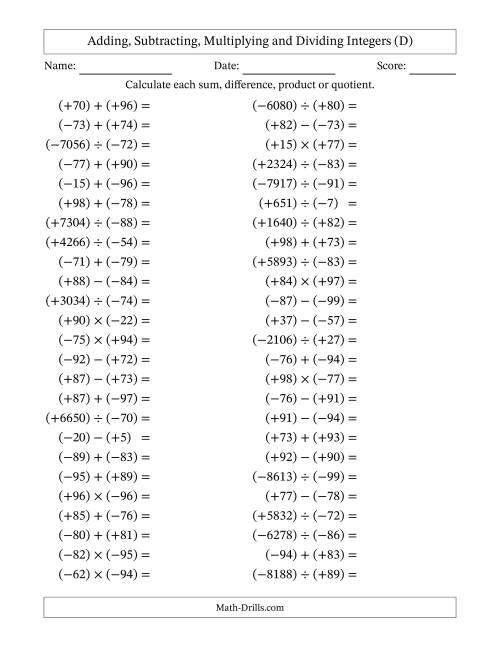 The Adding, Subtracting, Multiplying and Dividing Mixed Integers from -99 to 99 (50 Questions; All Parentheses) (D) Math Worksheet
