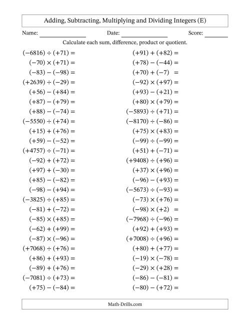 The Adding, Subtracting, Multiplying and Dividing Mixed Integers from -99 to 99 (50 Questions; All Parentheses) (E) Math Worksheet