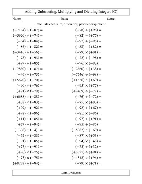 The Adding, Subtracting, Multiplying and Dividing Mixed Integers from -99 to 99 (50 Questions; All Parentheses) (G) Math Worksheet