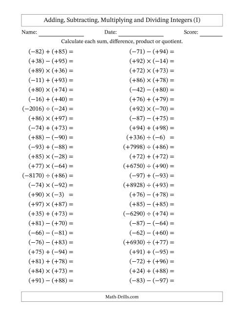 The Adding, Subtracting, Multiplying and Dividing Mixed Integers from -99 to 99 (50 Questions; All Parentheses) (I) Math Worksheet