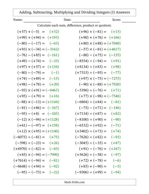 The Adding, Subtracting, Multiplying and Dividing Mixed Integers from -99 to 99 (50 Questions; All Parentheses) (J) Math Worksheet Page 2