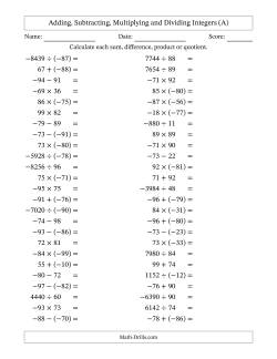 Adding, Subtracting, Multiplying and Dividing Mixed Integers from -99 to 99 (50 Questions)