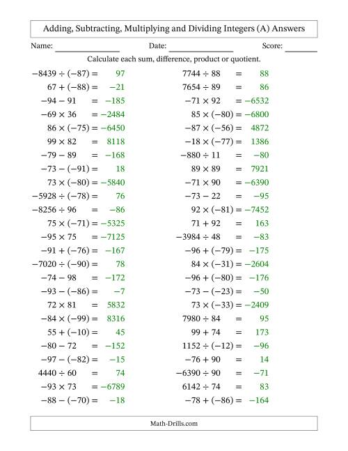 The All Operations with Integers (Range -99 to 99) with Negative Integers in Parentheses (A) Math Worksheet Page 2